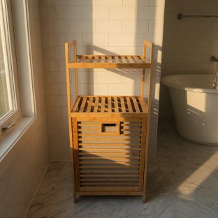 Banyo Çamaşır Sepeti Bambu Raflı Çamaşır Sepeti  